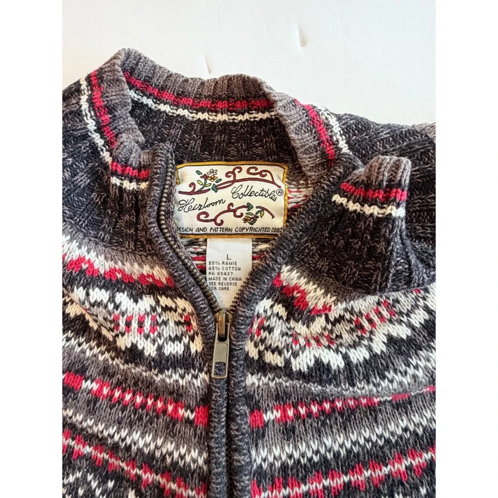 Heirloom Collectibles Womens Fair Isle Zip Cardigan Sweater Gray Red Snowflake L